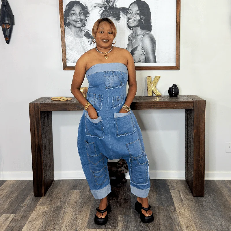 women's jumpsuits for laid-back looks'Bleu' Denim Patchwork Bandeau Jumpsuit