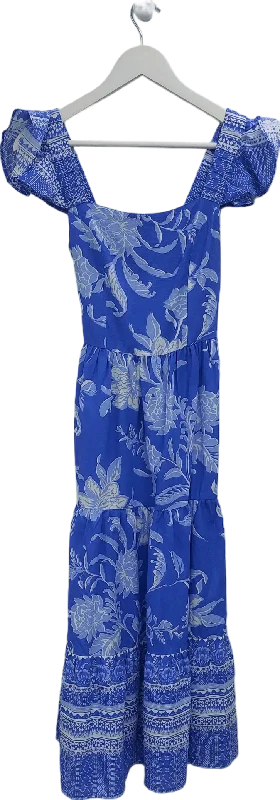 women's affordable dresseslipsy london Blue Ruffle Floral Belted Midi Linen Look Dress UK 10