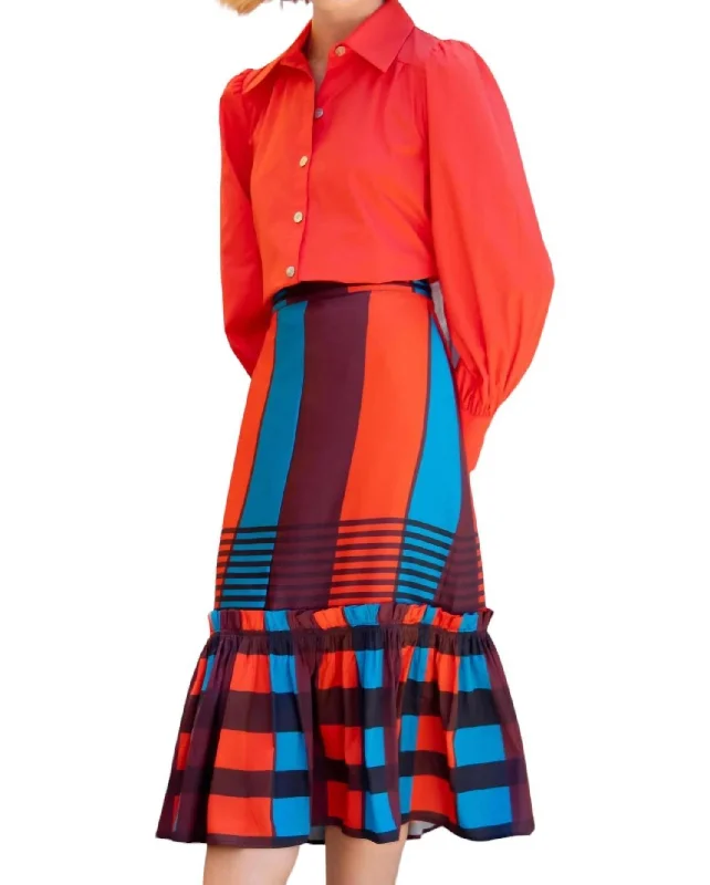 women's lightweight linen skirts for warm weatherFlounced Midi Skirt In Multi-Colored