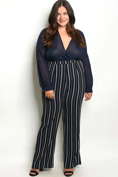 women's jumpsuits with cinched waistsNavy Blue and White Stripe Plus Size Jumpsuit