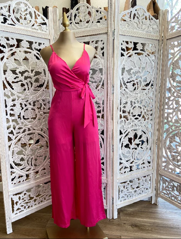 women's jumpsuits with lace detailsSatin Hot Pink Jumpsuit