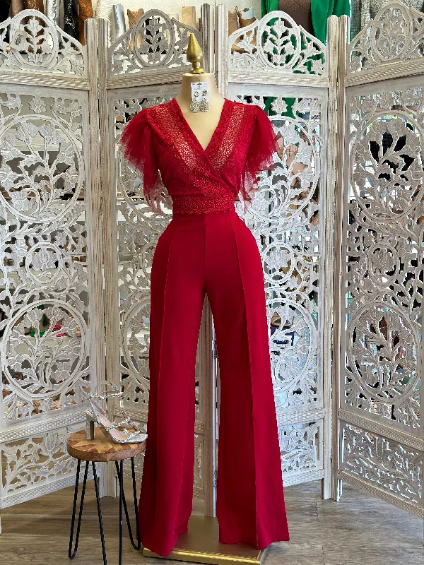 women's chic jumpsuitsRed Tulle Sleeve Jumpsuit