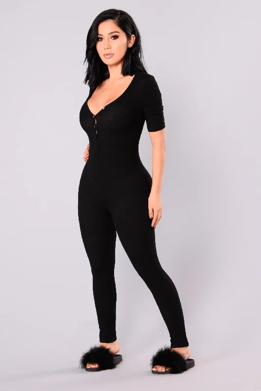 women's ankle-length jumpsuitsFast Love Henley Jumpsuit - Black