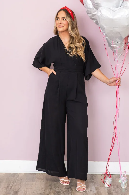 women's jumpsuits for curve-hugging stylesBlack 3/4 Sleeve V-Neck Jumpsuit