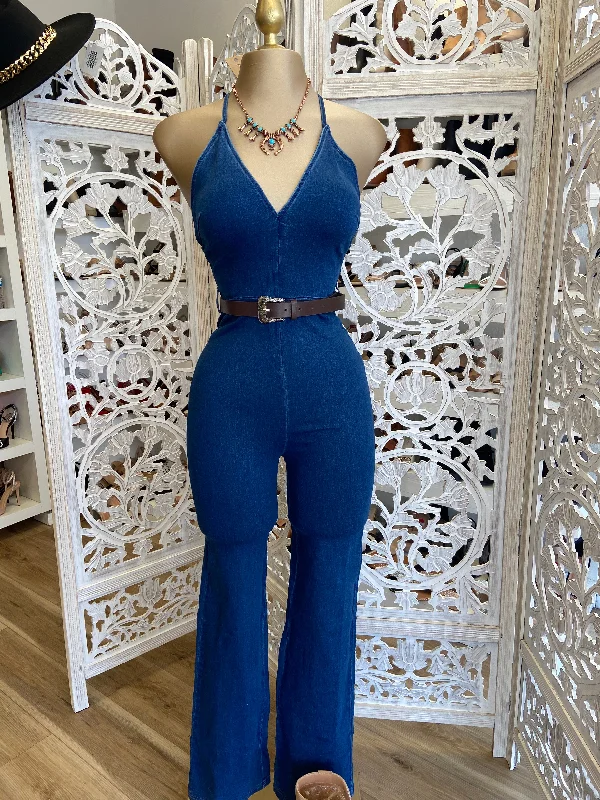 women's jumpsuits with solid colorsBackless Denim Jumpsuit