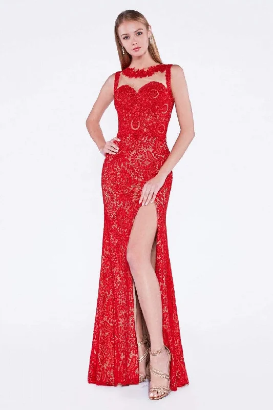 women's curve-hugging dressesCinderella Divine - Illusion Jewel Neck Lace Evening Gown with Slit