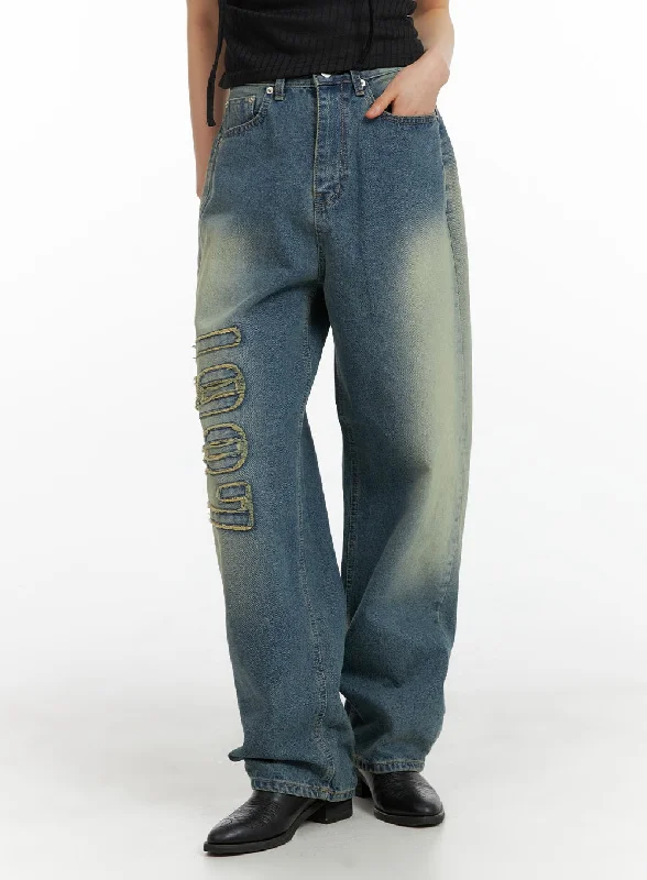 women's denim jeans with geometric patternsDistressed Baggy Straight Jeans CM413