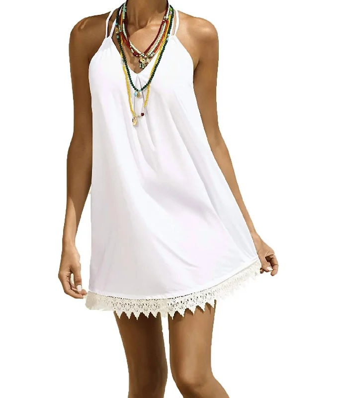 women's mini dressesWomen Aria Double Strap Crochet Trim Cover Up Mini Dress In Water Lily White