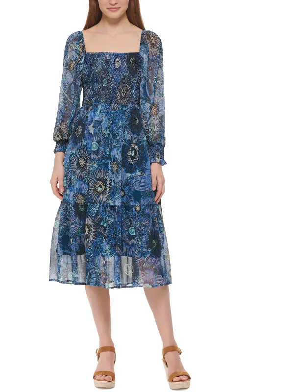 women's designer dressesPetites Womens Smocked Print Midi Dress