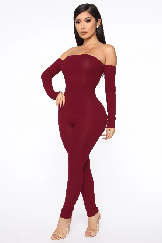 women's jumpsuits with flutter sleevesSoothe Off Shoulder Jumpsuit - Burgundy