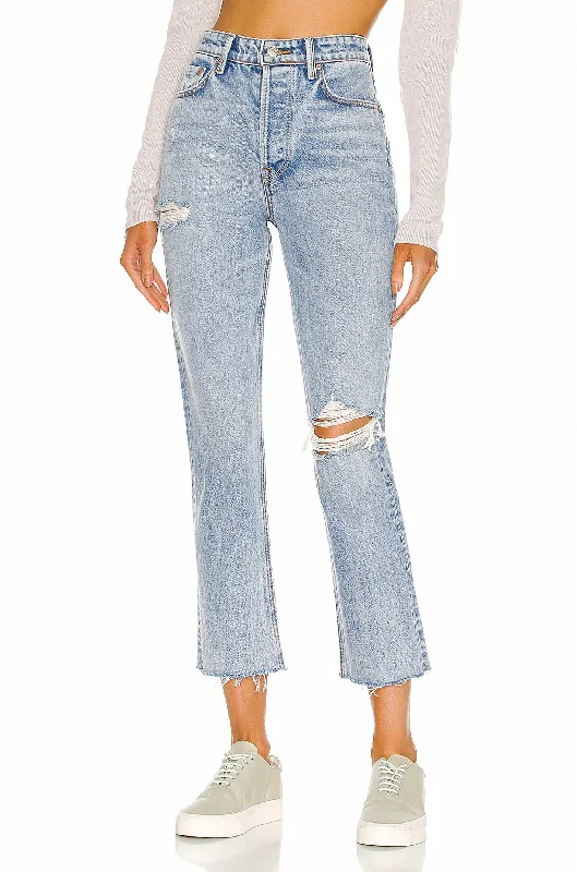 women's denim jeans with button-fly closureKarolina High Rise Straight Crop Jeans In Larchmont With Rip