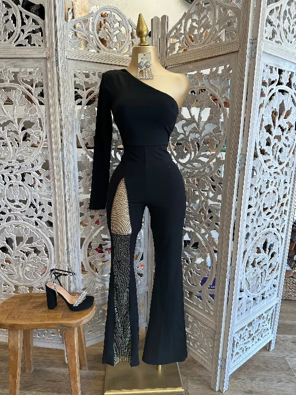 women's glam jumpsuitsOne Sleeve Cutout Rhinestone Jumpsuit