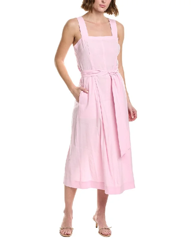 women's bridesmaid dressesVince Belted Square Neck Linen-Blend Midi Dress