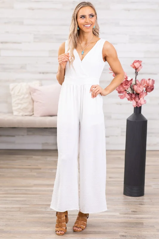 women's jumpsuits with buttonsOff White Smocked Waist Double V-Neck Jumpsuit