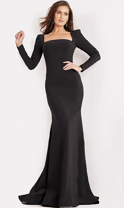 women's striped dressesJovani 09587 - Long Sleeve Square Evening Dress