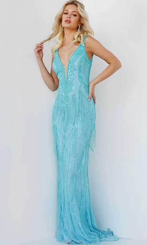 women's satin dressesJovani 22712 - Fringe-Styled Sheath Evening Gown