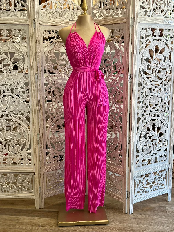 women's ankle-length jumpsuitsPleated Hot Pink Jumpsuit