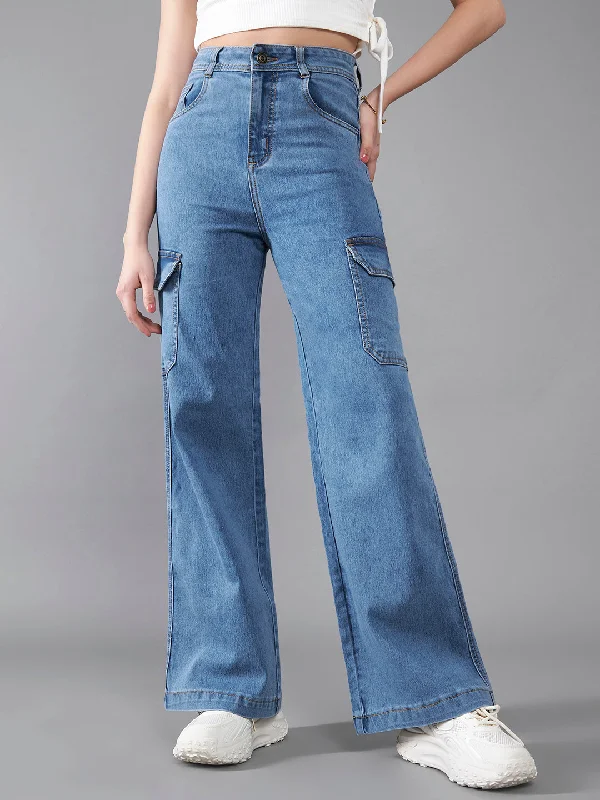 women's denim jeans with patches24/7 Comfort Women's Blue Wide Leg High Rise Mildly Distressed Regular Length Stretchable Cargo Denim Jeans