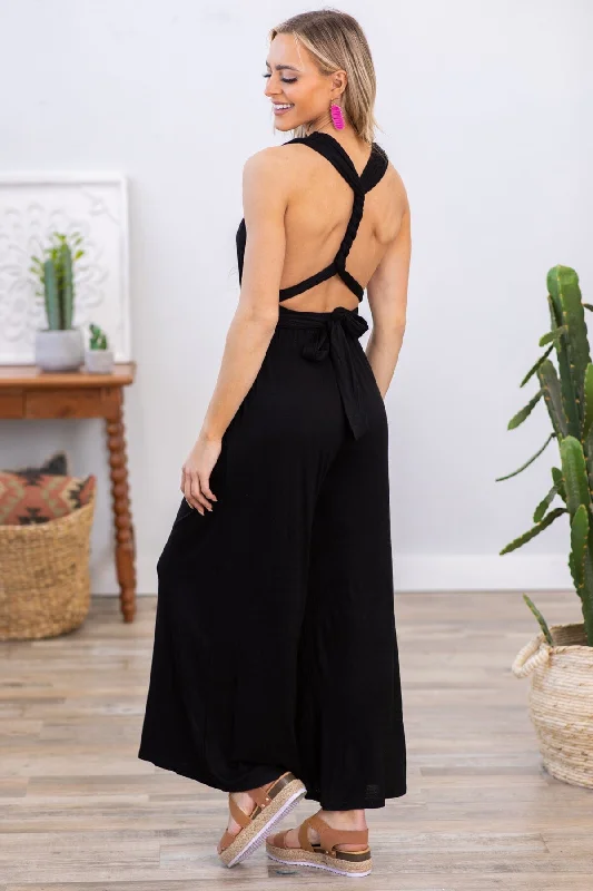 women's high-slit jumpsuitsBlack Convertible Strap Wide Leg Jumpsuit