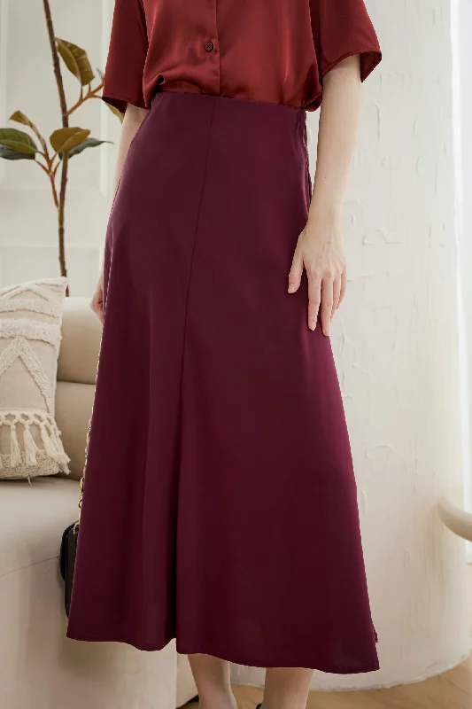 women's elastic waist skirtsHepburn Satin Midi Skirt in Burgundy