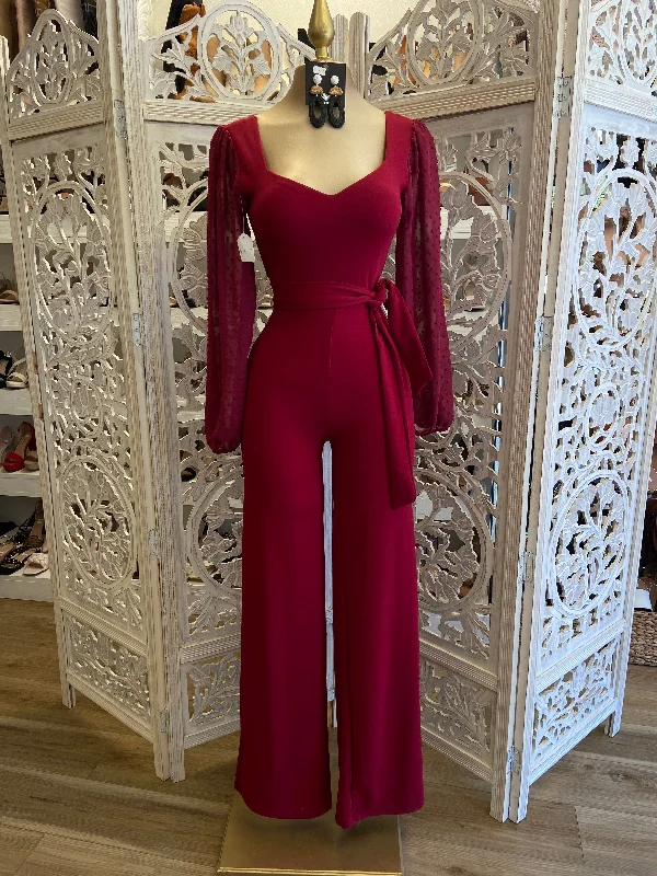 women's high-slit jumpsuitsBurgundy Long Sleeve Jumpsuit