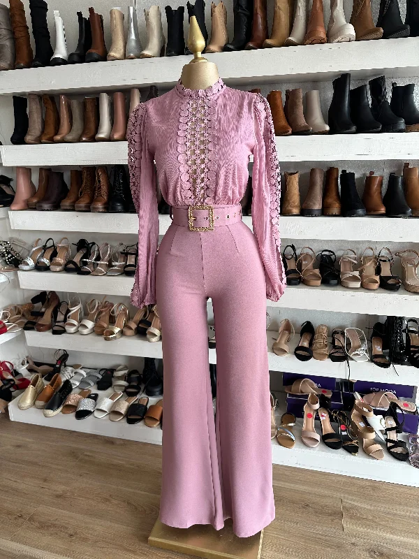 women's jumpsuits with pastel huesMauve Lace Jumpsuit