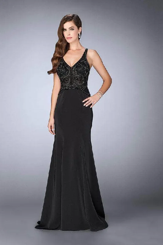 women's high-end dressesLa Femme - V-Neck Cutout Back Evening Gown 23909SC