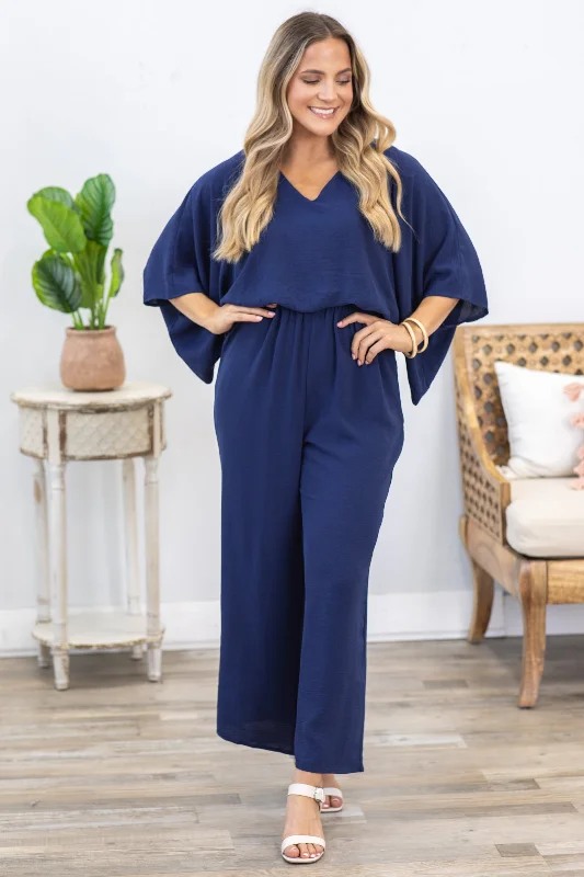 women's jumpsuits with rufflesNavy Dolman Sleeve Woven Jumpsuit