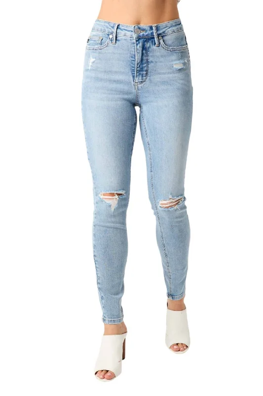 women's distressed denim pantsMid Rise Tummy Control Destroy Skinny Jean In Blue