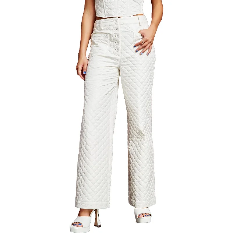 women's solid-color pantsWomens Quilted Button Fly Wide Leg Pants