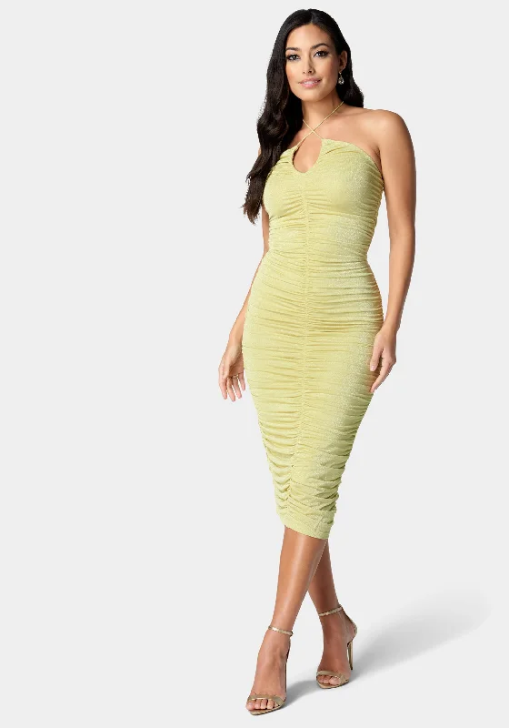 women's pear-shaped body dressesAll-Over Shirred Halter Neck Dress