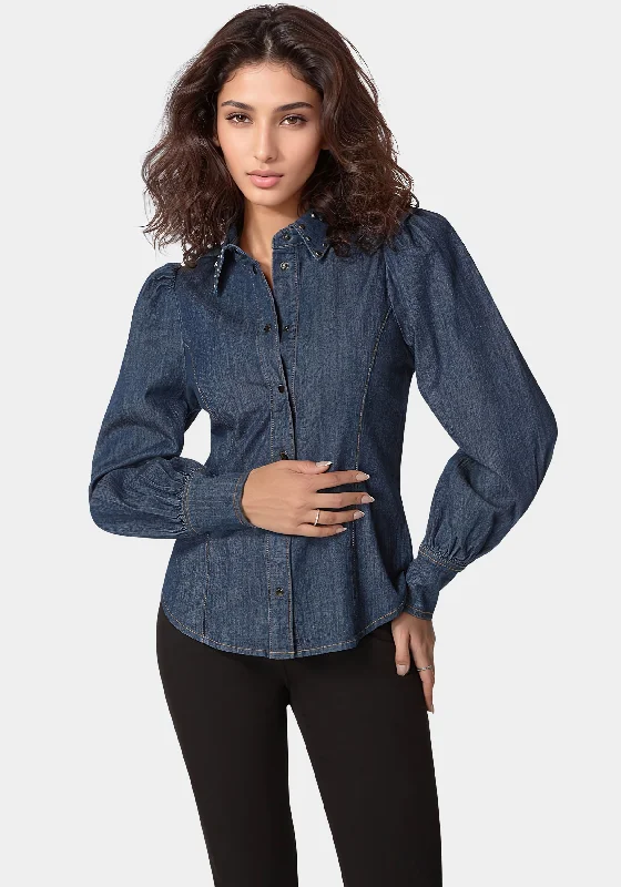 women's wedding guest dressesButton Front Studded Collar Denim Shirt