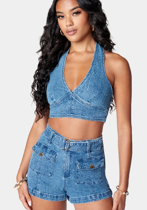 women's ball gown dressesDeep V Neck Cropped Halter Denim Top