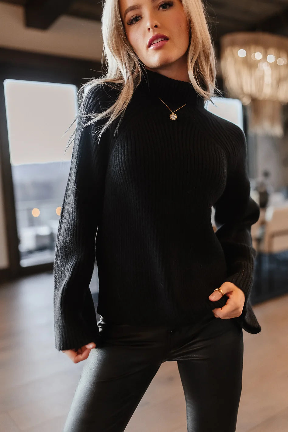 women's bell-sleeved dressesPaige Mock Neck Sweater in Black - FINAL SALE