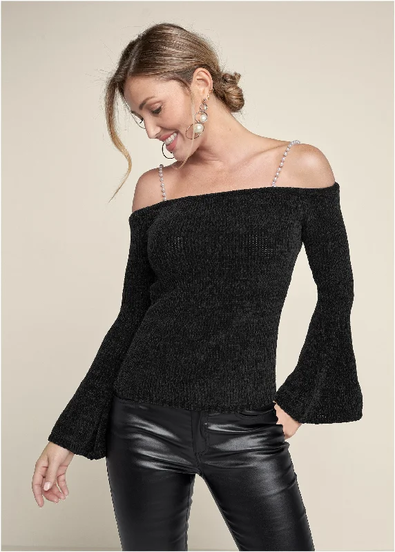 women's lightweight dressesOff Shoulder Pearl Strap Chenille Sweater - Black