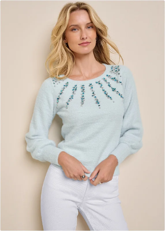 women's limited-edition dressesJeweled Feather-Soft Sweater - Heathered Blue