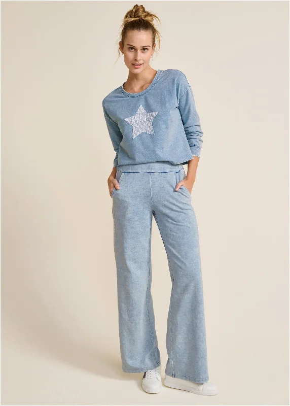 women's stretchy dressesStone Wash Sequin Pant Set - Blue & White