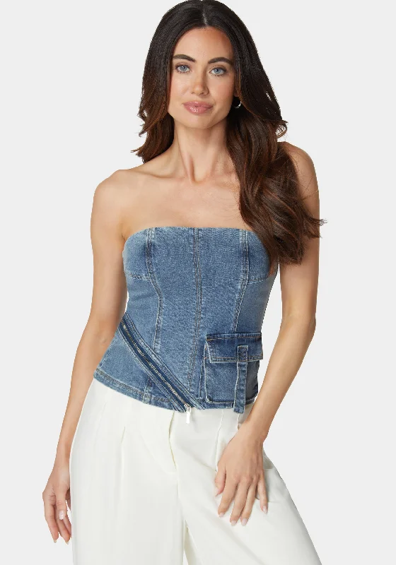 women's ruffle dressesZipper And Cargo Detail Denim Top