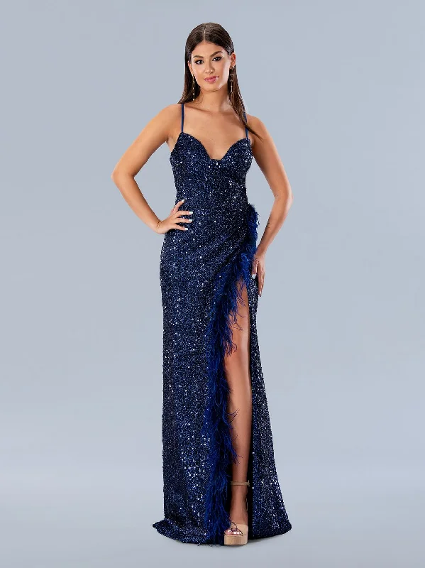 women's trendy dressesStella Couture 24194 Long Formal Feather Prom Sequin Dress